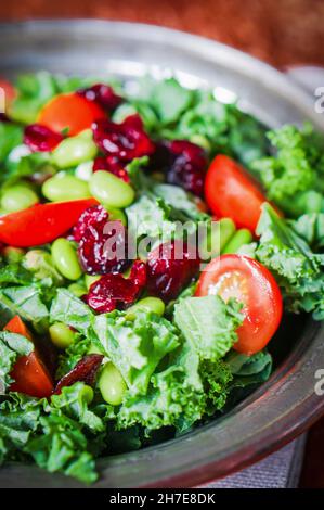 Gemischter Blattsalat mit Tomaten, Sojabohnen und getrockneten Cranberries Stockfoto