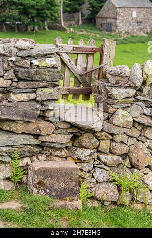 Ein seltsames halbes Tor durch eine Trockensteinmauer auf einem öffentlichen Fußweg im englischen Lake District in Martindale, Cumbria, Großbritannien Stockfoto