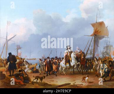 Die Ankunft des Stadholder-Königs Willem III. (1650- 1702) im Oranjepolder am 31. Januar 1691 durch den niederländischen Künstler Ludolf Backhuysen ( Ludolf Bakhuizen : 1631-1708), Öl auf Leinwand, 1692 Stockfoto