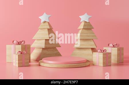 Weihnachtsprodukt Podium mit Bäumen und Holzgeschenken. 3D Rendern Stockfoto