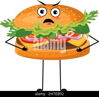 Süßer Hamburger mit wütenden Emotionen, mürrem Gesicht, wütenden Augen, Armen und Beinen. Verärgerte Fast-Food-Person, Sandwich mit wütendem Ausdruck. Vektorgrafik flache Abbildung des Produkts Stock Vektor
