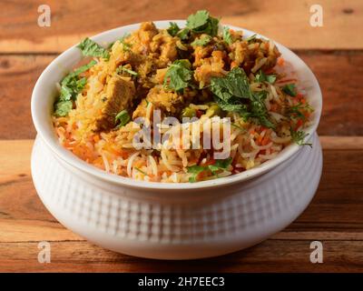 Keema / Kheema Biryani -Basmati-Reis mit Hackfleisch und aromatischen Gewürzen gekocht, selektive Fokus Stockfoto