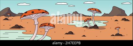 Viele wachsende Pilze, Landschaft panoramischer Pflanzenhintergrund - Illustration Stock Vektor