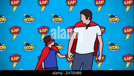 Bild der Illustration von Zap, Boom Text über Vater und Sohn halten Hände in Superhelden Kostüme Stockfoto