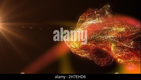 Bild von weißen, roten und orangen Partikelwolken und rotem Licht, das sich auf schwarzem Hintergrund bewegt Stockfoto