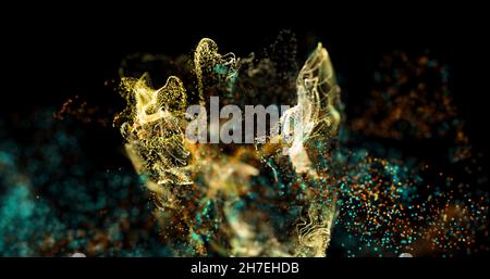 Bild von weißen, blauen und orangen Partikelwolken, die sich auf schwarzem Hintergrund bewegen Stockfoto