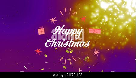 Bild von fröhlichem weihnachtstext über Konfetti und Lichtflecken Stockfoto