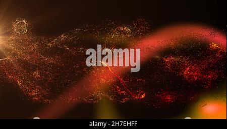 Bild von weißen, roten und orangen Partikelwolken und rotem Licht, das sich auf schwarzem Hintergrund bewegt Stockfoto