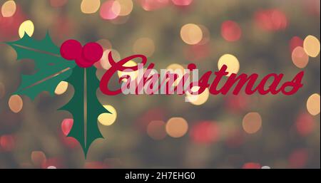 Bild von weihnachtstext über Lichtpunkten Stockfoto