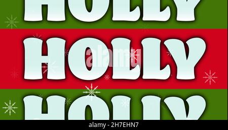 Bild von Stechpalme in weiß auf grünen und roten Streifen, mit weihnachtlichen Schneeflocken Stockfoto