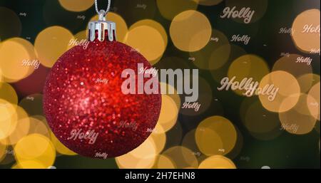 Bild von Stecheltext in Wiederholung über weihnachtskugel auf schwarzem Hintergrund Stockfoto