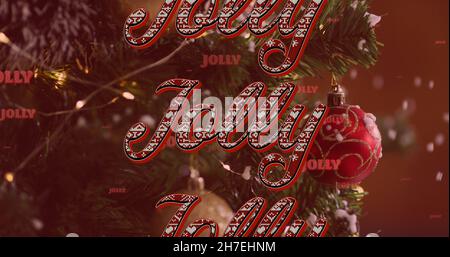 Bild von fröhlichem Text in Wiederholung über weihnachtsbaum Stockfoto