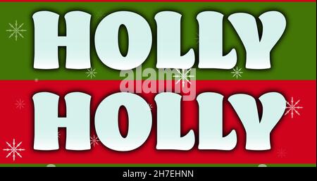 Bild von Stechpalme in weiß auf grünen und roten Streifen, mit weihnachtlichen Schneeflocken Stockfoto