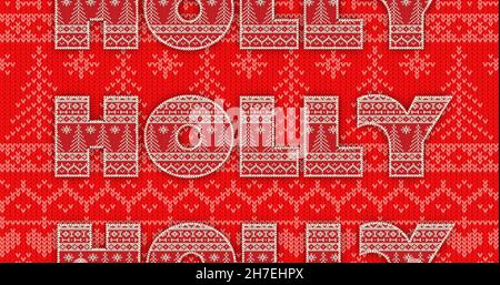 Bild eines Stechstacheltextes in Wiederholung zu weihnachten auf rotem Hintergrund Stockfoto