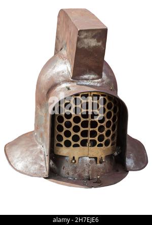 Später Gladiatorenhelm der Murmillo-Klasse. 3rd. Jahrhundert n. Chr. Isoliert über Weiß Stockfoto