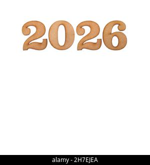 Frohes neues Jahr 2026 in Holzbuchstaben - weißer Hintergrund Stockfoto