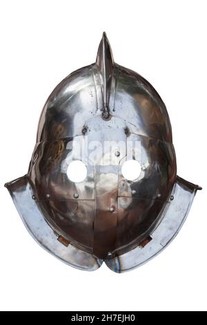 Secutor-Klasse – römischer Gladiatorhelm. Isoliert über Weiß Stockfoto