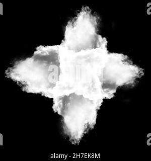 Kreuz aus weißen Wolken isoliert auf schwarzem Hintergrund Illustration, 3D Rendering Stockfoto