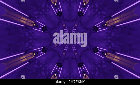 3D Illustration von glühenden Lichtern, die symmetrische Ornamente bilden, in 4K UHD Stockfoto