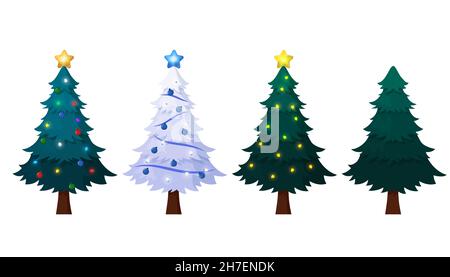 Schöne Weihnachtsbaum-Kollektion mit Stern, Bändchen-Dekorationen und Leuchtmittel Vektor-Illustration Stock Vektor