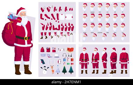 Weihnachtsmann Figuren-Kreation und Gesichtsanimation Set mit Hirsch, Schneemann, Baum, Geschenke, Schlitten, Und verschiedene Aktionen Vektordatei Stock Vektor