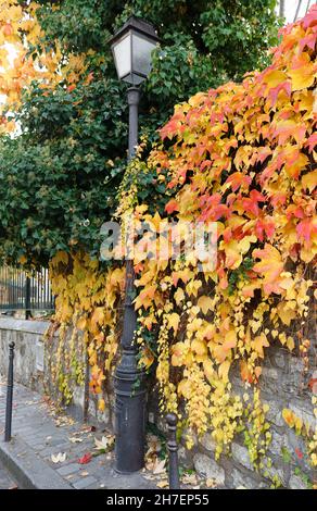 Die Herbstfarben lassen sich um den typischen französischen Laternenpfosten in einer engen Straße in Paris, Frankreich, herum hängen Stockfoto