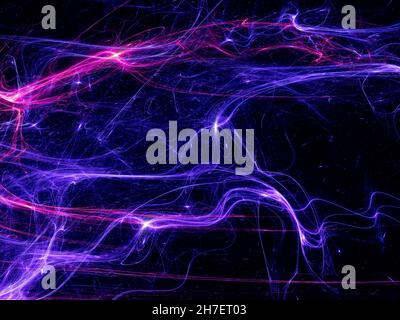 Blaue und violette Linien und Kurven auf dunklem Hintergrund - abstrakte Illustration Stockfoto