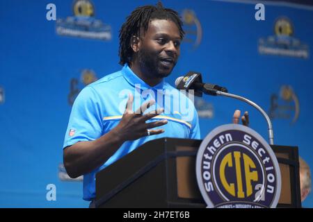 San Diego Chargers Ex läuft zurück LaDainian Thomlinson spricht auf der CIF Southern Section Football Championship Championship 45th Pressekonferenz, Montag, Nein Stockfoto