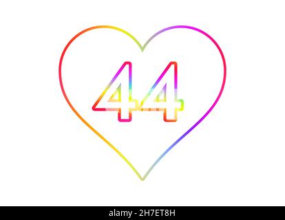 Nummer 44 in ein weißes Herz mit Regenbogenfarben umrandet. Stockfoto