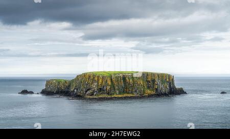 Nahaufnahme auf Sheep Island in der Nähe der Carrick a Rede-Seilbrücke, beliebte Touristenattraktion, Wild Atlantic Way, Nordirland Stockfoto