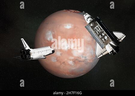 Fliegender Weltraum pendelt mit Atmosphäre in der Nähe des Mars-Planeten. 3D Darstellung rendern. Elemente dieses Bildes wurden von der NASA eingerichtet Stockfoto