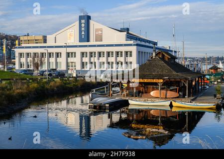 Seattle - 21. November 2021; das Museum für Geschichte und Industrie oder MOHI und das Zentrum für Holzboote am South Lake Union in Seattle Stockfoto