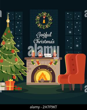 Wunderschöne weihnachtliche Zimmereinrichtung mit Sofa. Weihnachtsbaum und Dekoration. Geschenke und Kamin. Vektorgrafik im flachen Stil. Stock Vektor