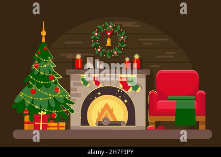 Weihnachtszimmer mit Kamin und Weihnachtsbaum, Sessel und Geschenken. Holzhaus. Gemütliches festliches Interieur. Vektorgrafik in einem flachen Stil. Stock Vektor