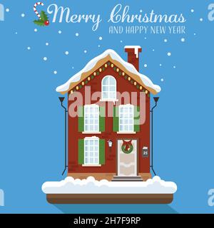 Weihnachtshaus mit schneebedeckten Lichtern. Frohes neues Jahr. Flache Vektorgrafik im Cartoon-Stil. Stock Vektor