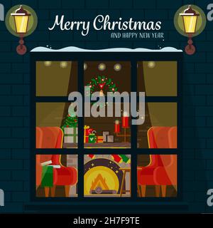 Weihnachtszimmer mit Möbeln, weihnachtsbaum, Sesseln und Kamin durch das Fenster. Niedliche Vektorgrafik. Stock Vektor