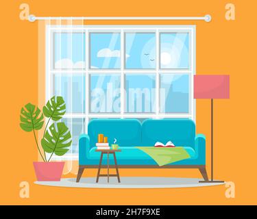 Gemütliche Wohnzimmer Innenausstattung. Sofa mit Plaid und Buch, großes Fenster mit Stadtbild. Vektorgrafik im flachen Stil. Stock Vektor