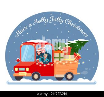 Glückliche Familie mit dem Auto mit einem Weihnachtsbaum und Geschenken. Weihnachtskonzept. Vektorgrafik in einem flachen Stil. Stock Vektor