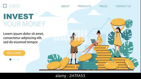 Investing Landing Page - Illustration mit Münzen, kleinen hübschen Frauenfiguren. Konzeptvektordarstellung für Investitionen, Banken, Finanzen, Vermögen. Stock Vektor