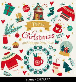 Set von Weihnachtselementen mit Text. Niedliche Vektor-Illustration in flachem Stil. Weihnachtsvorlage. Stock Vektor
