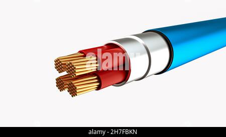 Elektrisches Funkenkabel, Kupferdrähte mit auf weißem Hintergrund isolierten Funken im Stromkreis Stockfoto