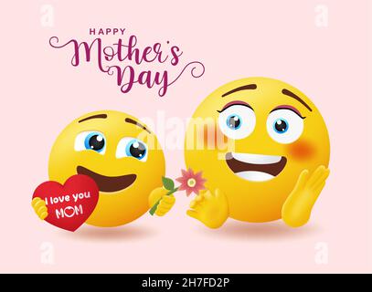 Smiley Muttertag Gruß Vektor-Design. Happy Mothers Day Text mit Emoticon Kind geben Blume Geschenk für Mama's Day Emoji Feier präsent. Stock Vektor