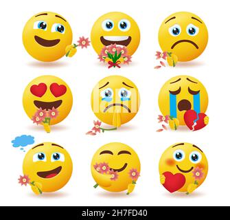 Vektor-Set für Emoji-Suitor-Zeichen. Emoticons Bewunderer Smileys halten und geben Blumen mit glücklichen und traurigen Ausdruck für valentine in der Liebe und brach. Stock Vektor