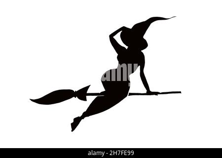 Schwarze Silhouette von Halloween Hexe auf Broomstick isoliert auf weißem Hintergrund Stockfoto