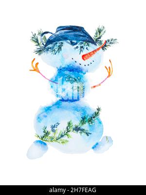 Aquarell-Illustration eines Schneemanns mit einem Eimer auf dem Kopf und Ästen weihnachtsbaum, der isoliert auf weißem Hintergrund tanzt Stockfoto