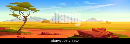 Afrikanische Savannenlandschaft, wilde Natur Afrikas, Cartoon-Hintergrund mit grünem Baum, Felsen und schlichtem Graslandfeld unter blauem klarem Himmel. Kenia-Panoramablick, Parallaxenszene, Vektorgrafik Stock Vektor