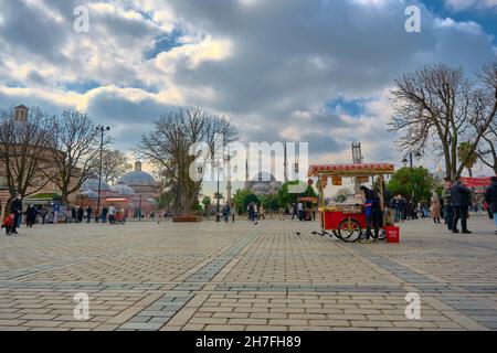 Ein Straßenverkäufer verkaufte ein Kastanien und Mais in Vorderseite der Hagia sophia Moschee in sultanahmet Platz und blau Moschee Hintergrund bei bewölktem Wetter Stockfoto