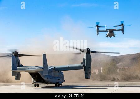 U.S. Marine MV-22B Ospreys starten mit Studenten mit Infanterie Small Unit Leaders Course 1-22, Advanced Infantry Training Bataillon, School of Infantry - West, im Rahmen einer Trainingsübung auf dem Marine Corps Base Camp Pendleton, Kalifornien, 16. November 2021. Die Studenten führten einen Luftangriff durch, der sie von SOI-West auf Lager Pendleton nach Yuma, Arizona, brachte. ISULC soll nichtkommissionierten Offizieren fortgeschrittene Infanteriefähigkeiten vermitteln und sie in die Lage versetzen, innerhalb eines Infanteriebataillons mehr Führungsverantwortung zu übernehmen. (Foto des US Marine Corps von CPL. Drake Nickels) Stockfoto