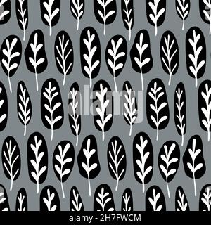 Nahtloses Muster grau weiß schwarz Blatt Pflanze Laub monochrom für textile Tapete Verpackungsdesign und Innendekoration Stock Vektor