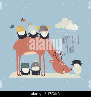 Cartoon Lustige Pinguine feiern Urlaub mit niedlichen Hirse Stock Vektor